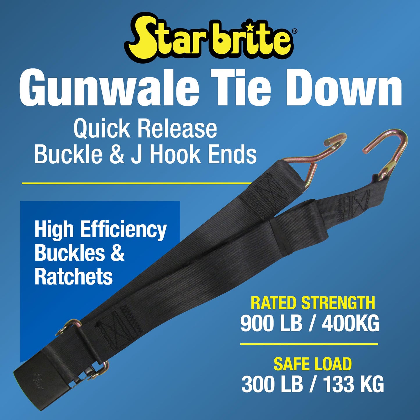 Gunwale Tie Down 2" x 10' with Quick Release Buckle & "J" hooks - Star brite Distributing, LLC