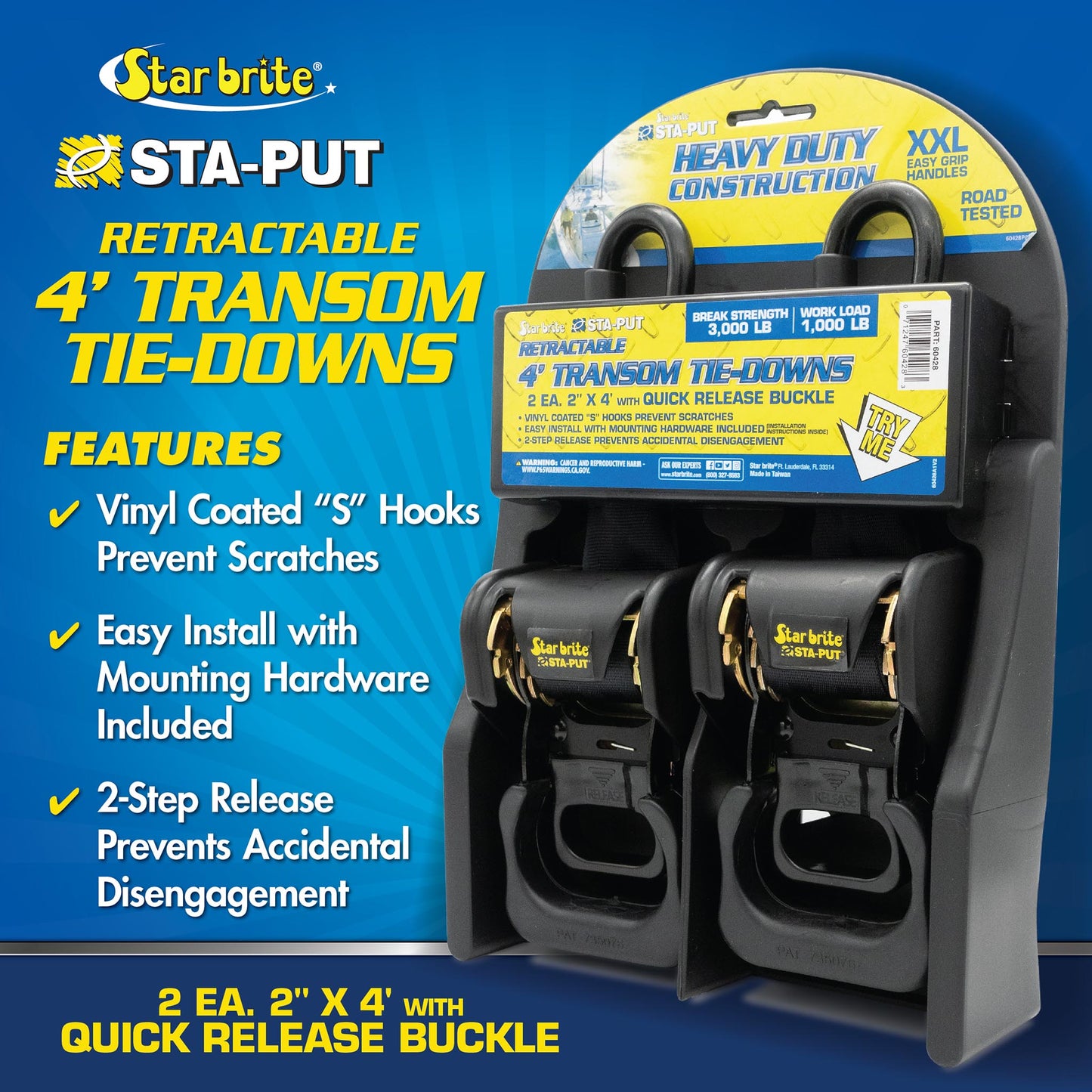 Retractable Transom Tie - Downs 2" x 4' - Mounting Hardware Inc - Star brite Distributing, LLC