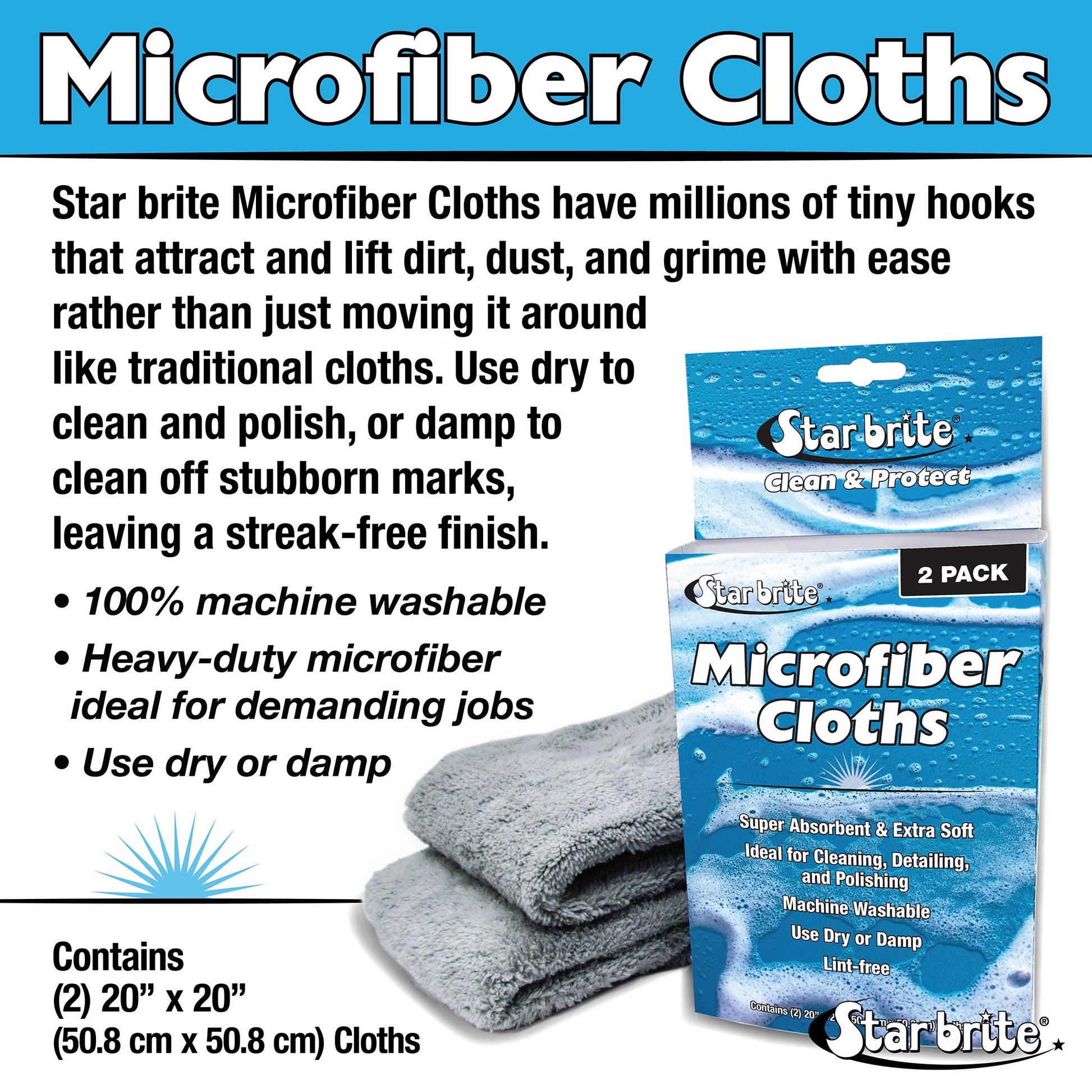 Microfiber Cloths 2 Pack - 20" x 20" Super Absorbent & Soft Towels - Star brite Distributing, LLC