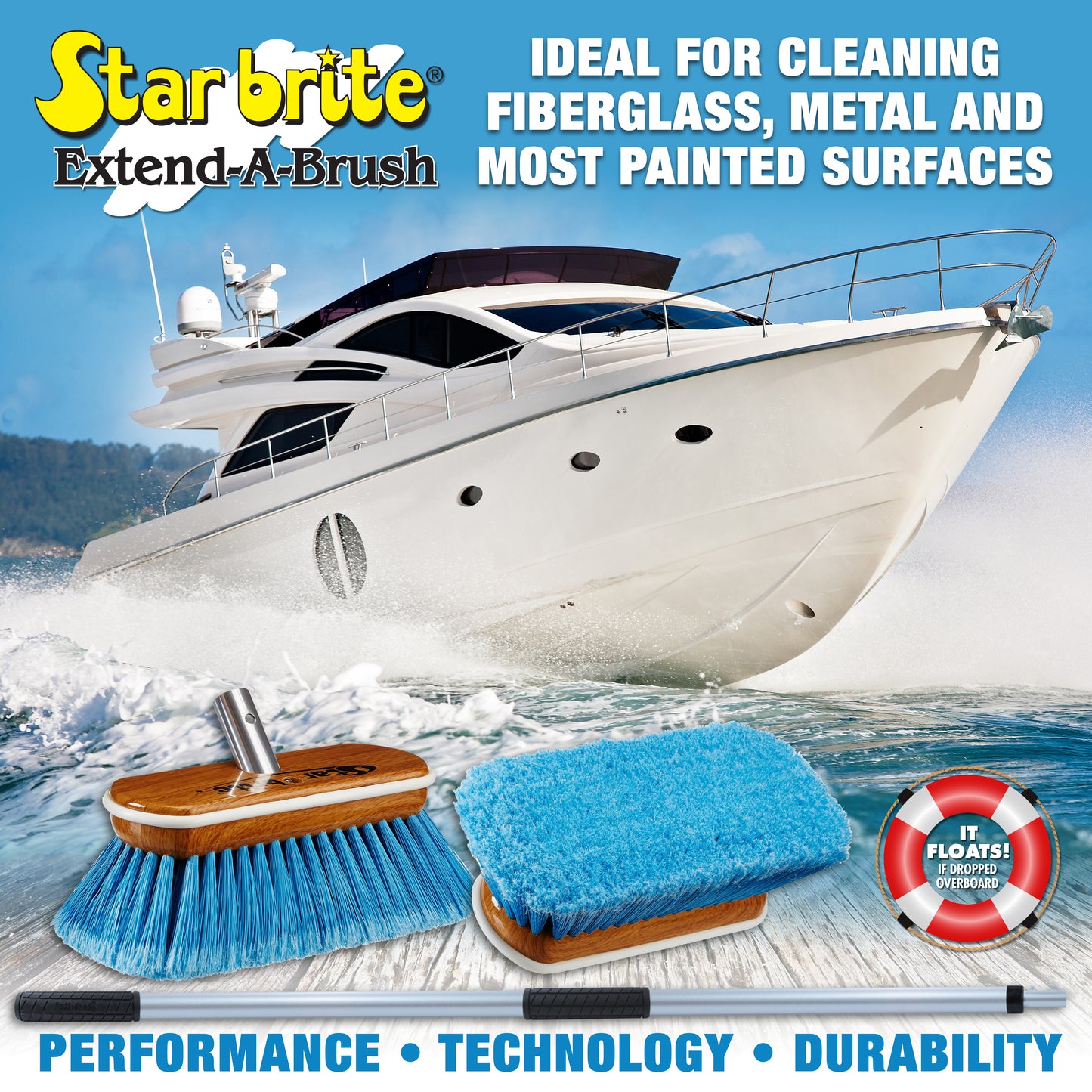 Premium Boat Cleaning Brush - 3'-6' with Synthetic Wood Block