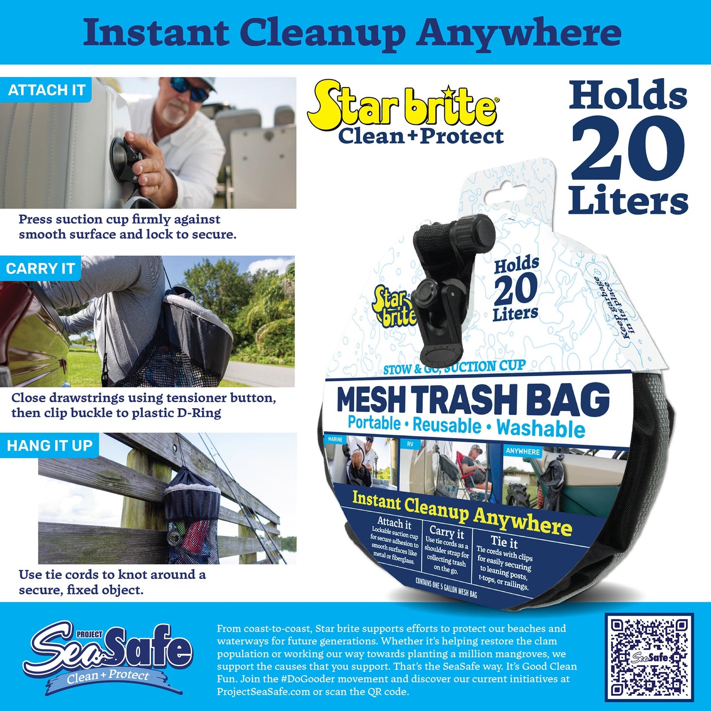Mesh Trash Bag with Locking Suction Cup & Litter Guard Cinch Tie - Star brite Distributing, LLC