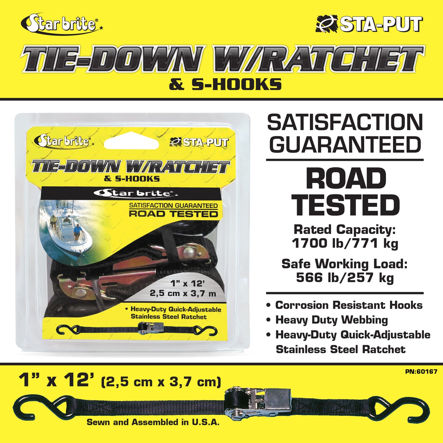 12’ Ratchet Tie Down Strap with Coated S-Hooks, Heavy-Duty