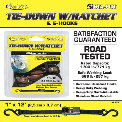 12’ Ratchet Tie Down Strap with Coated S-Hooks, Heavy-Duty