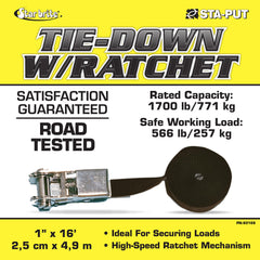 16’ Ratchet Tie Down Strap with Coated S-Hooks