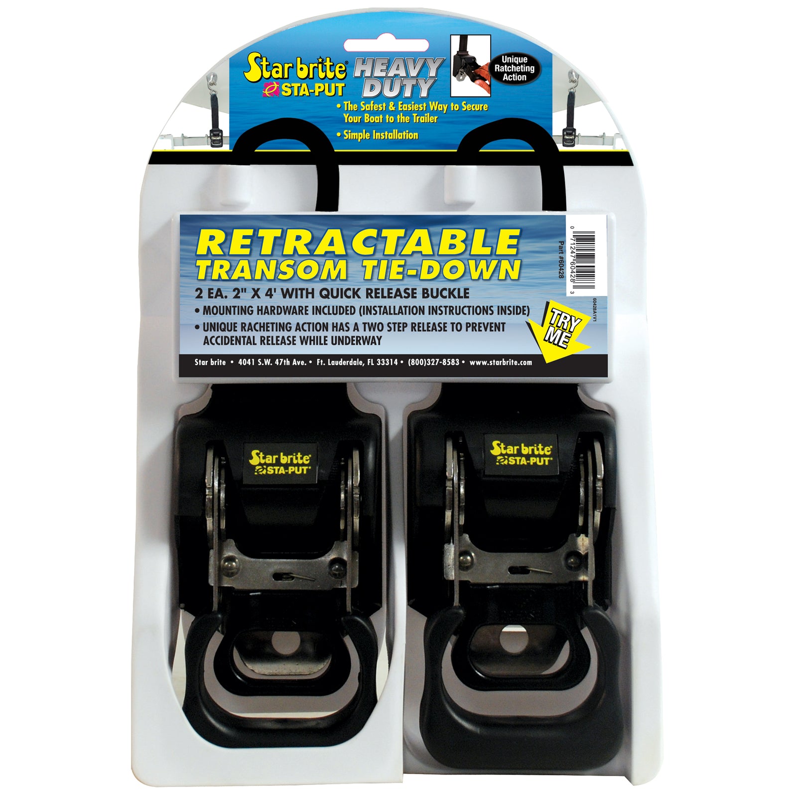 Retractable Transom Tie-Downs – 2" x 4', Quick Release, 2-Pack - Star brite Distributing, LLC