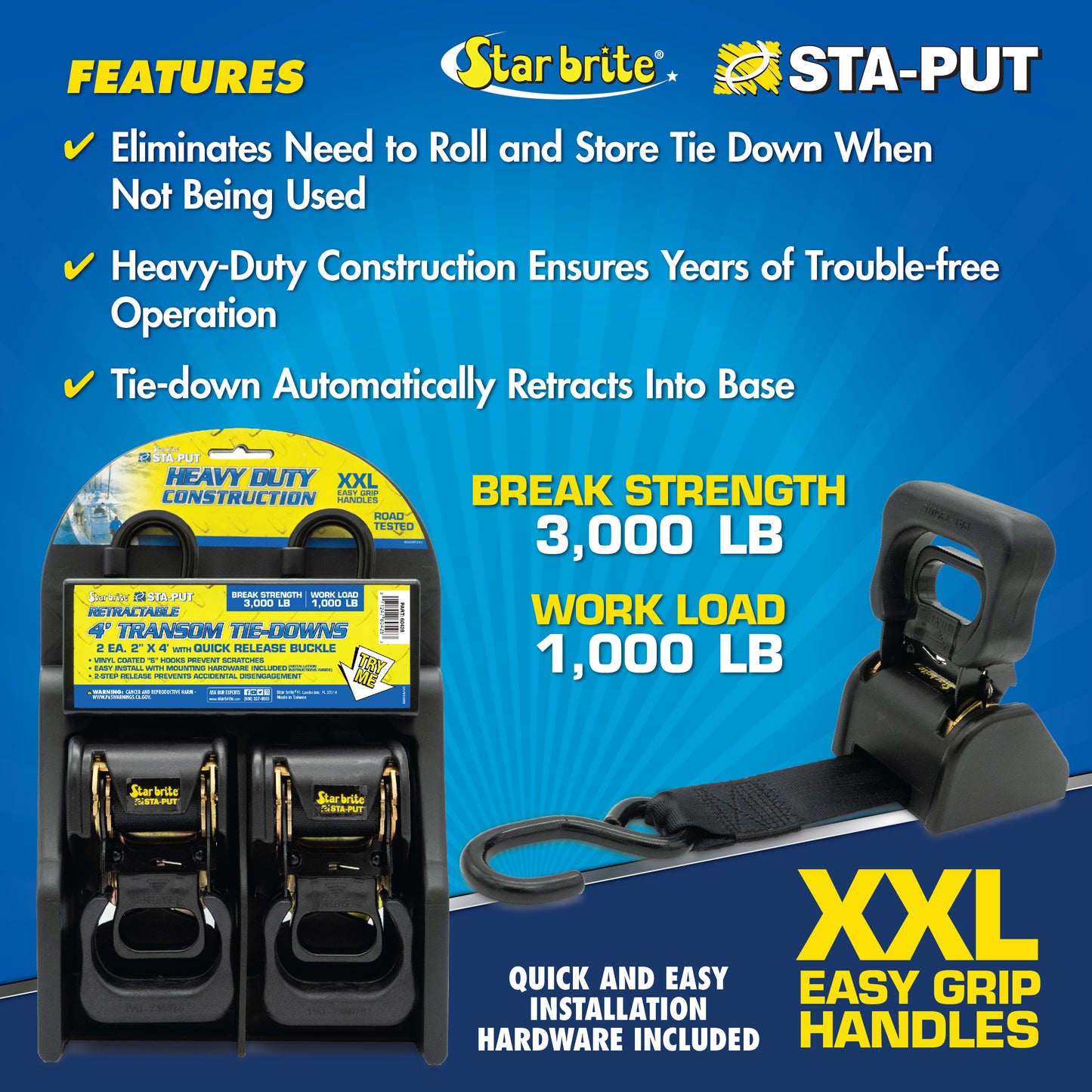 Retractable Transom Tie-Downs 2" x 4' - Mounting Hardware Inc