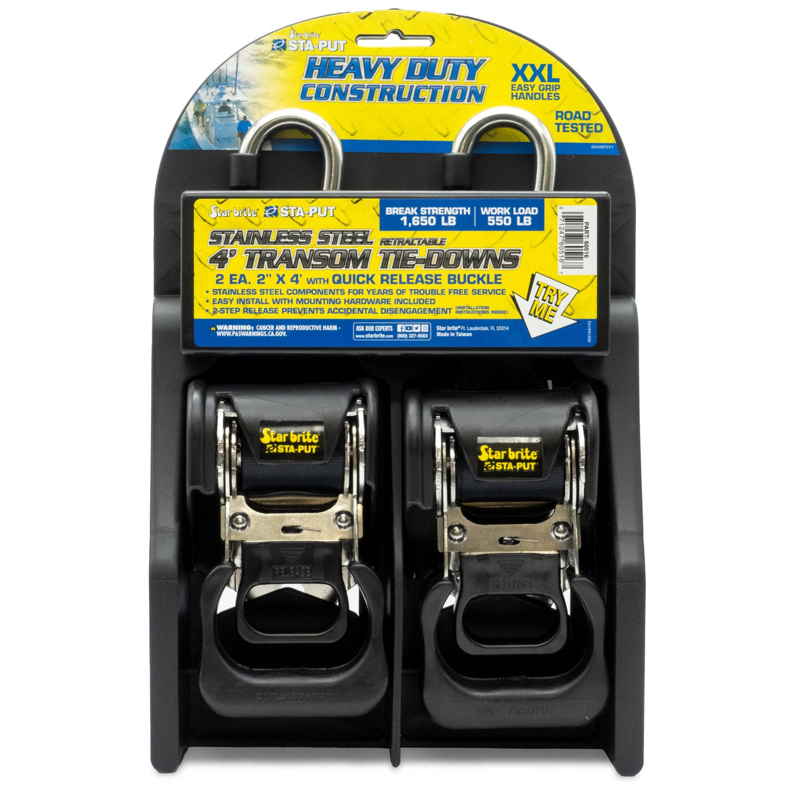 HD Retractable Transom Tie-Downs & Quick Release Buckle 2" x 4' - Star brite Distributing, LLC