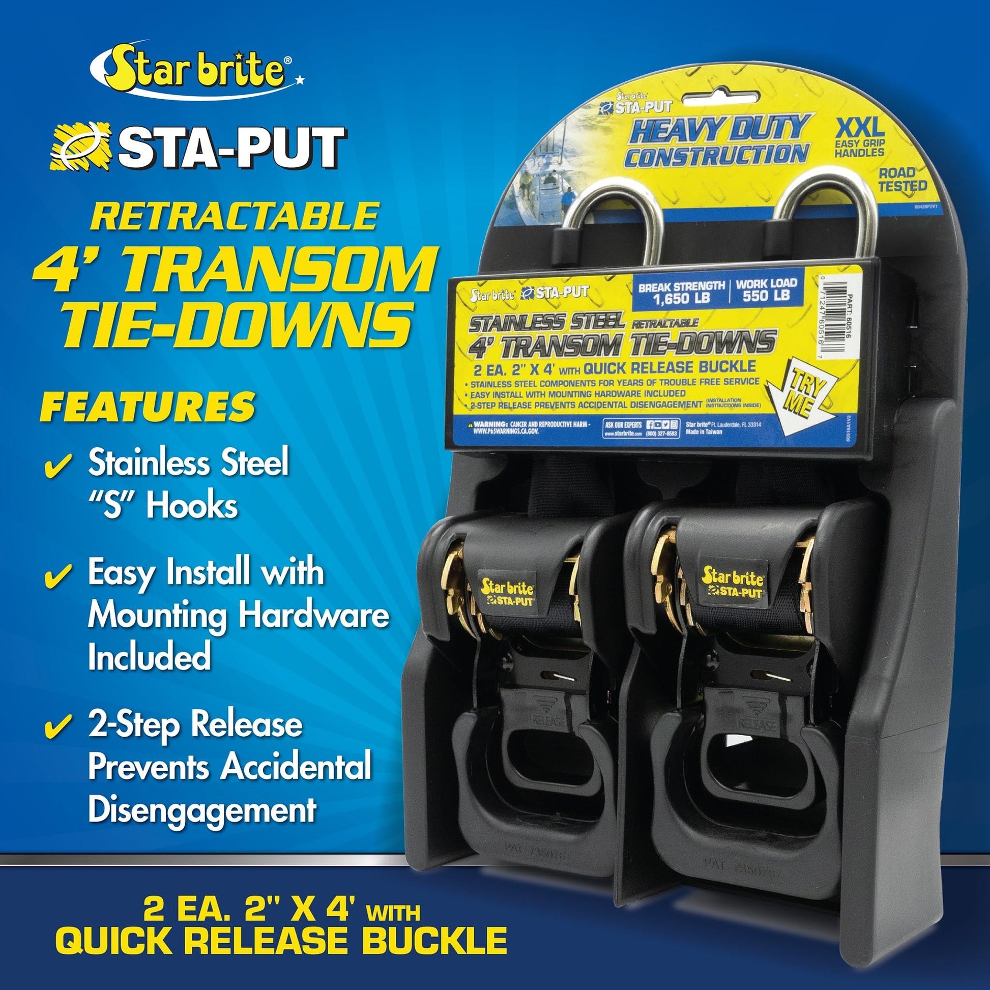 HD Retractable Transom Tie-Downs & Quick Release Buckle 2" x 4' - Star brite Distributing, LLC