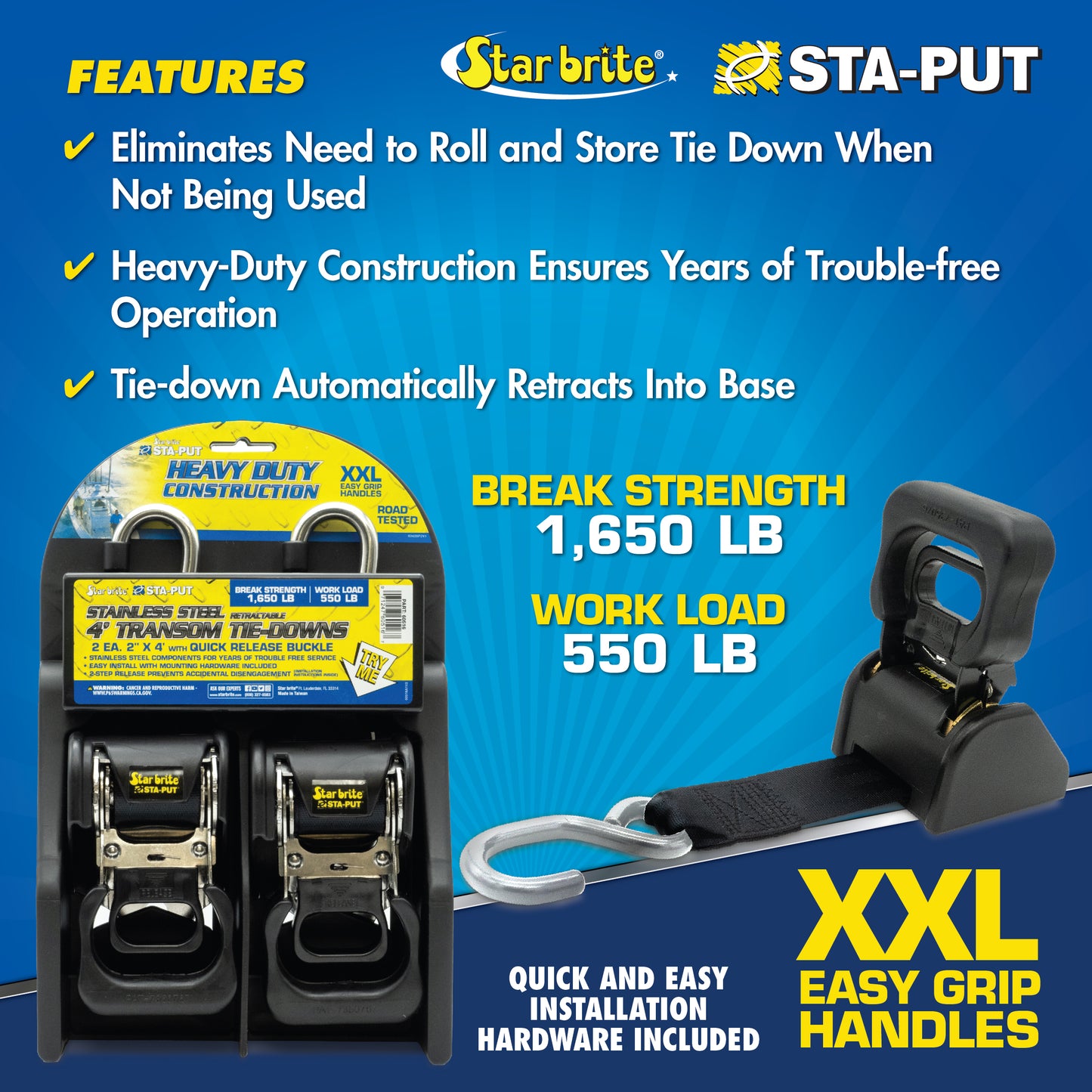 HD Retractable Transom Tie-Downs & Quick Release Buckle 2" x 4'