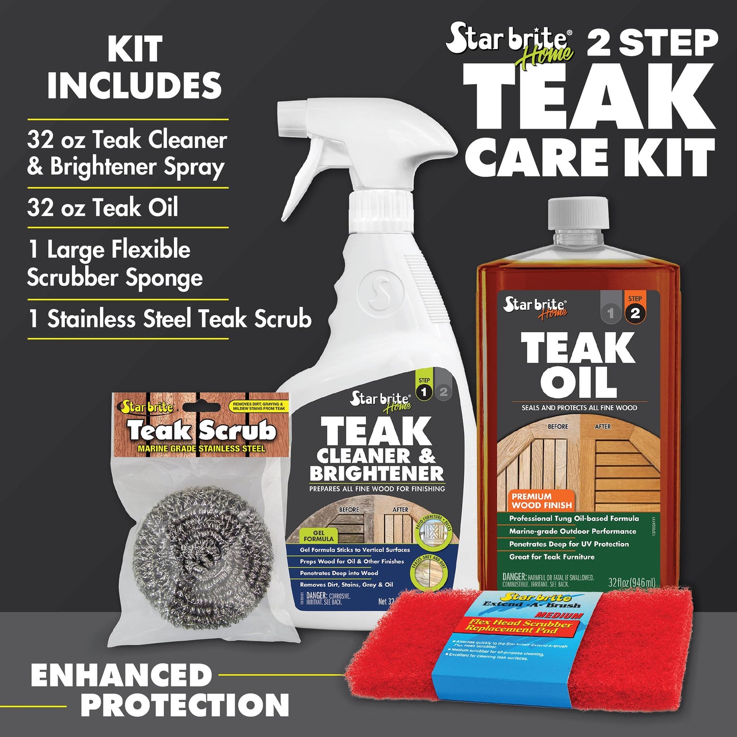 Teak Care Kit - Cleaner, Brightener & Teak Oil 3 - Step Wood Restoration - Star brite Distributing, LLC