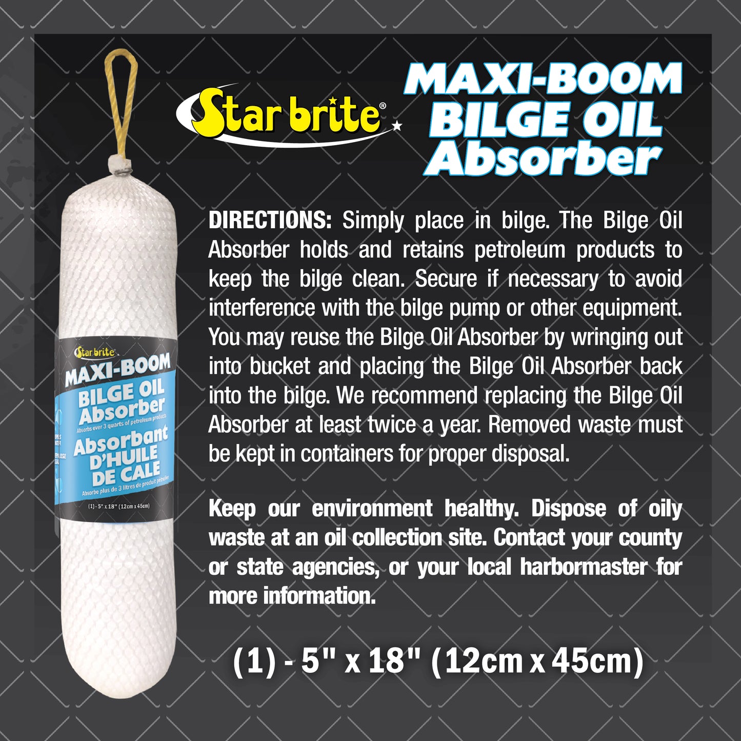 Bilge Oil Absorber Maxi-Boom - Absorbs Fuel, Diesel, Oil, Gas
