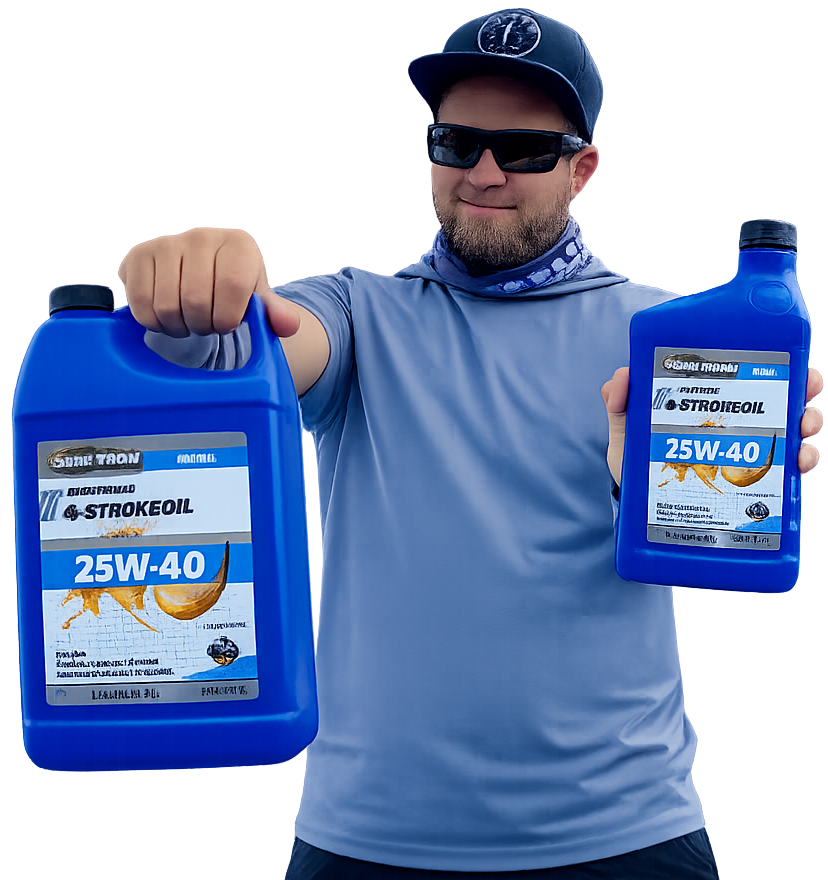 Angler holding Star Tron 4-stroke marine oil bottles
